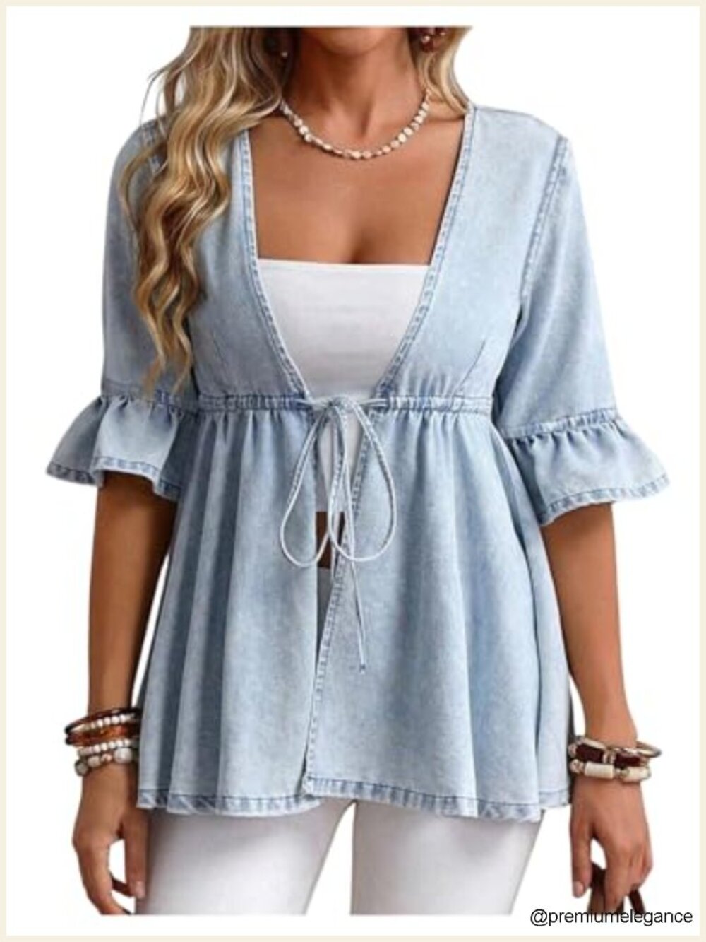 Deep V Neck Tie Front Denim Peplum Jacket Plus Size